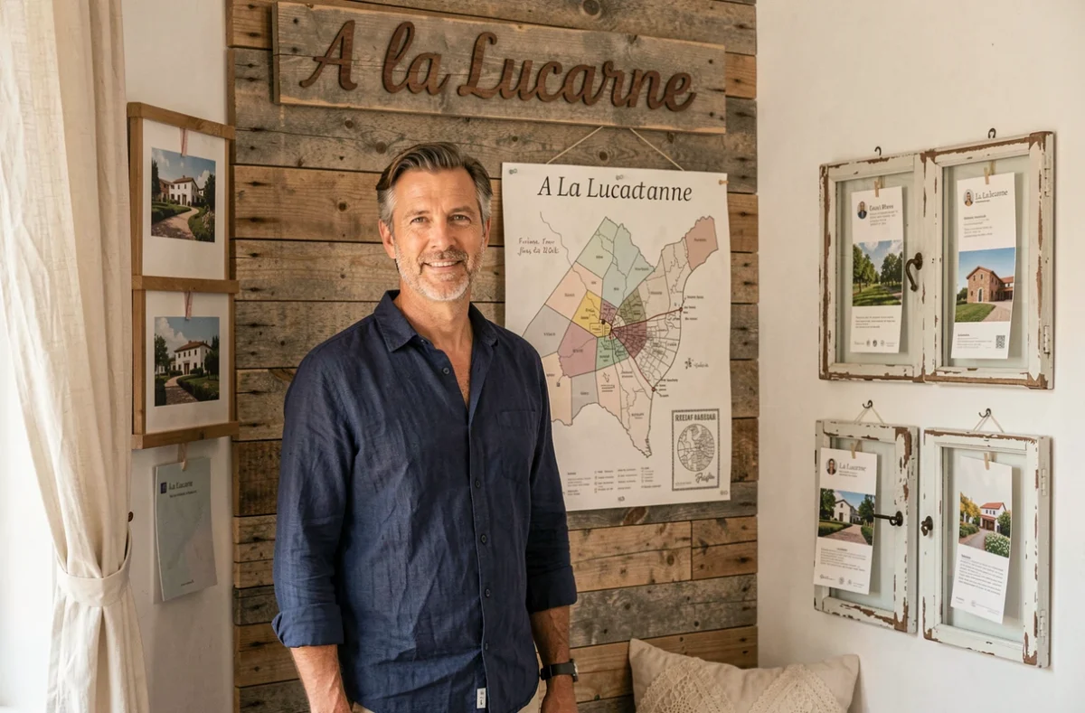 Agent de l'agence A La Lucarne devant une carte de quartier marseillais dans une boutique immobilière atypique