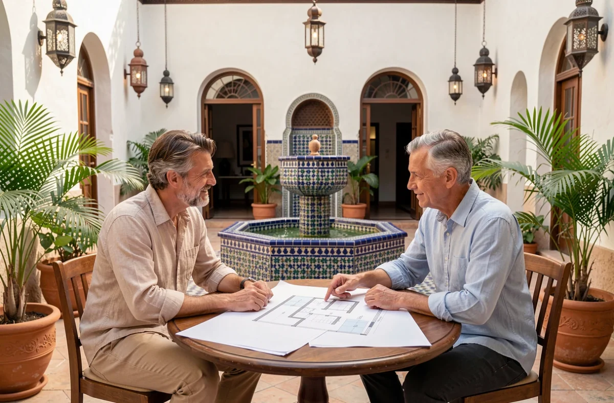 Couple d'expatriés français discutant d'un achat d'appartement avec un agent immobilier dans un riad de Marrakech