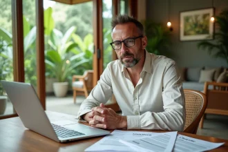 Français expatrié examinant des documents de propriété immobilière à Koh Samui dans une villa tropicale