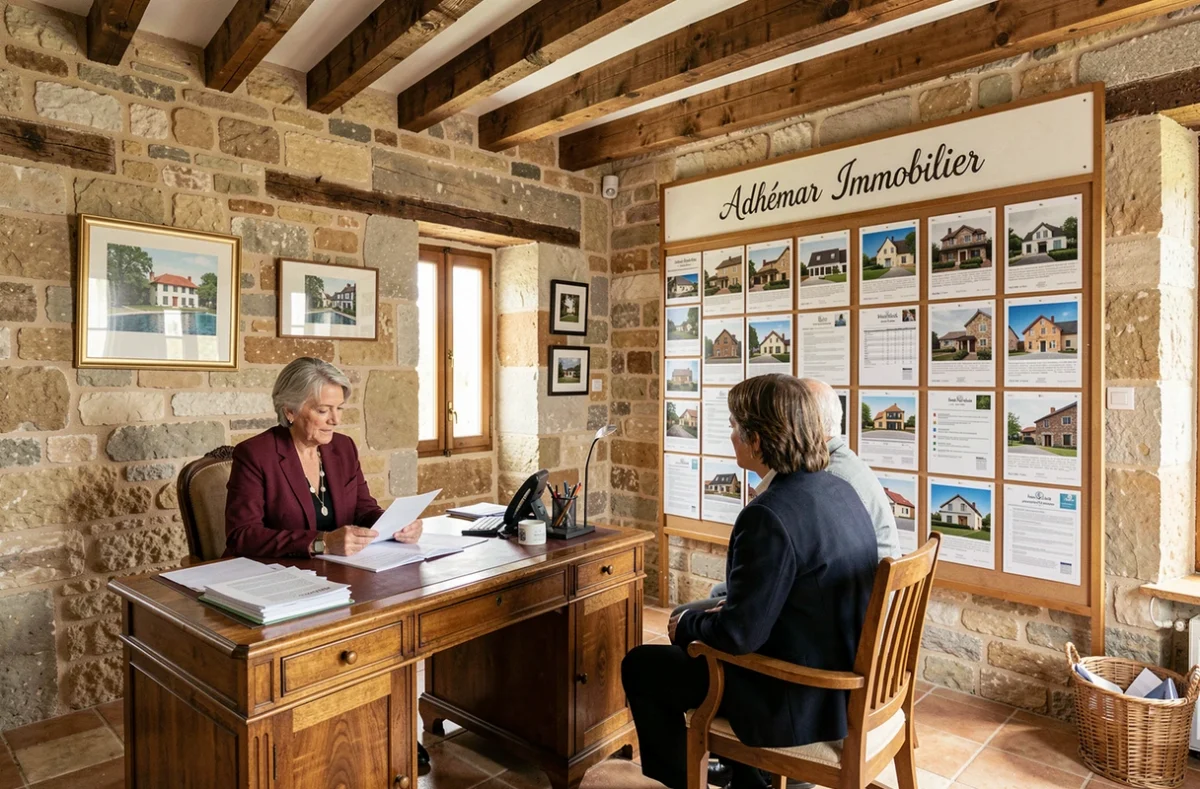 Intérieur de l'Agence Adhémar Immobilier avec une conseillère recevant des clients dans un bureau en pierre typique de la Drôme