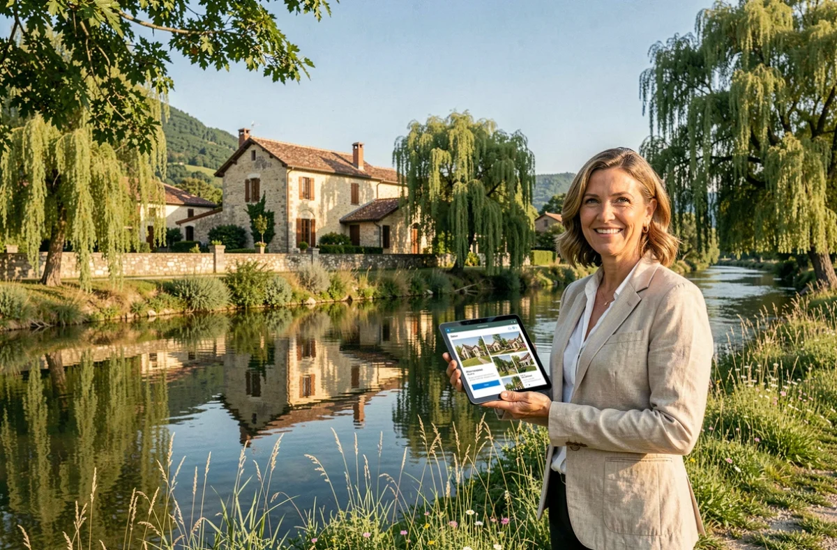 Agente de l'Agence Belle Rive présentant une propriété au bord de la rivière dans la Drôme