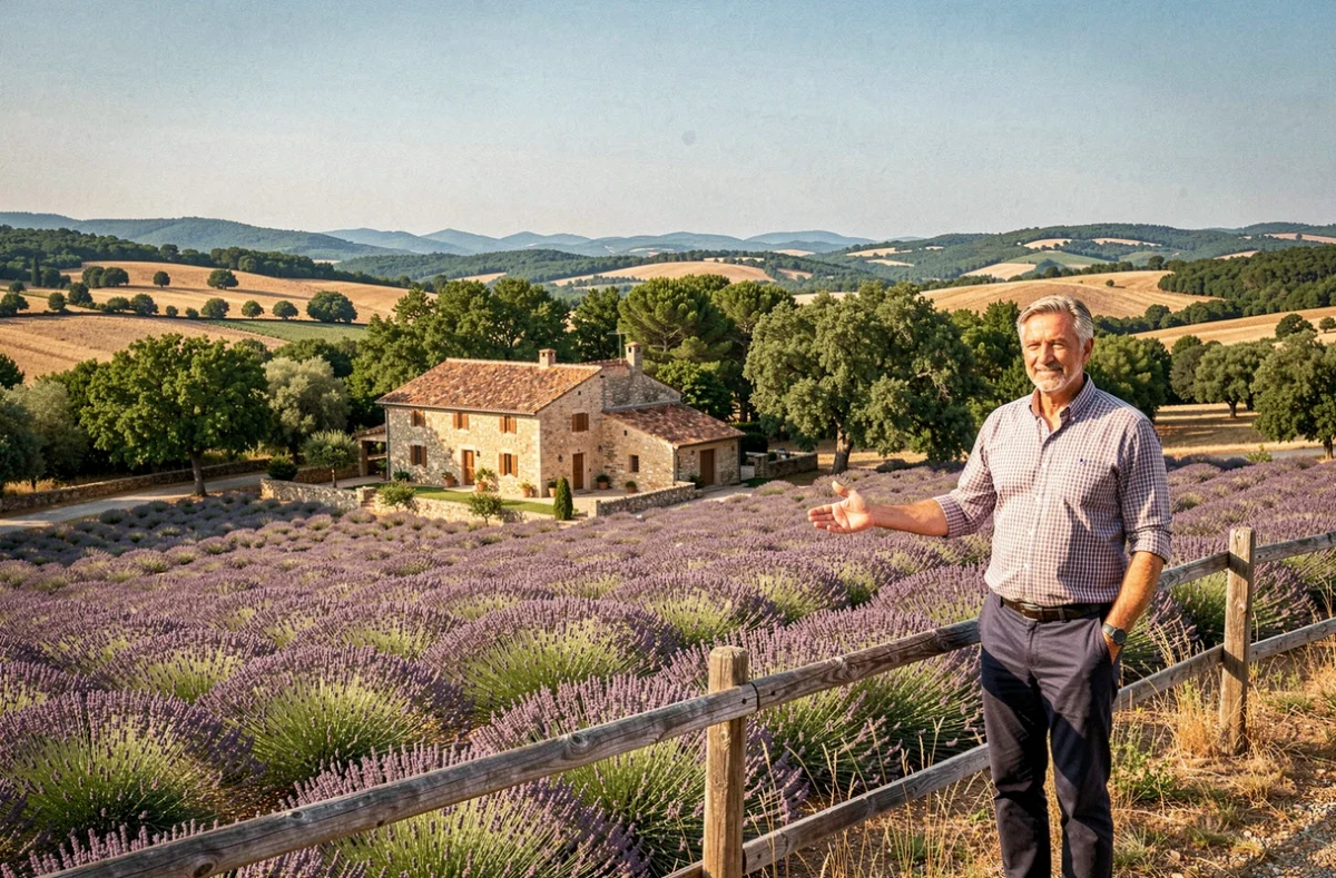 Agent de l'Agence Drôme Ardèche Immo Sud Est présentant une bastide provençale dans le paysage du sud de la Drôme