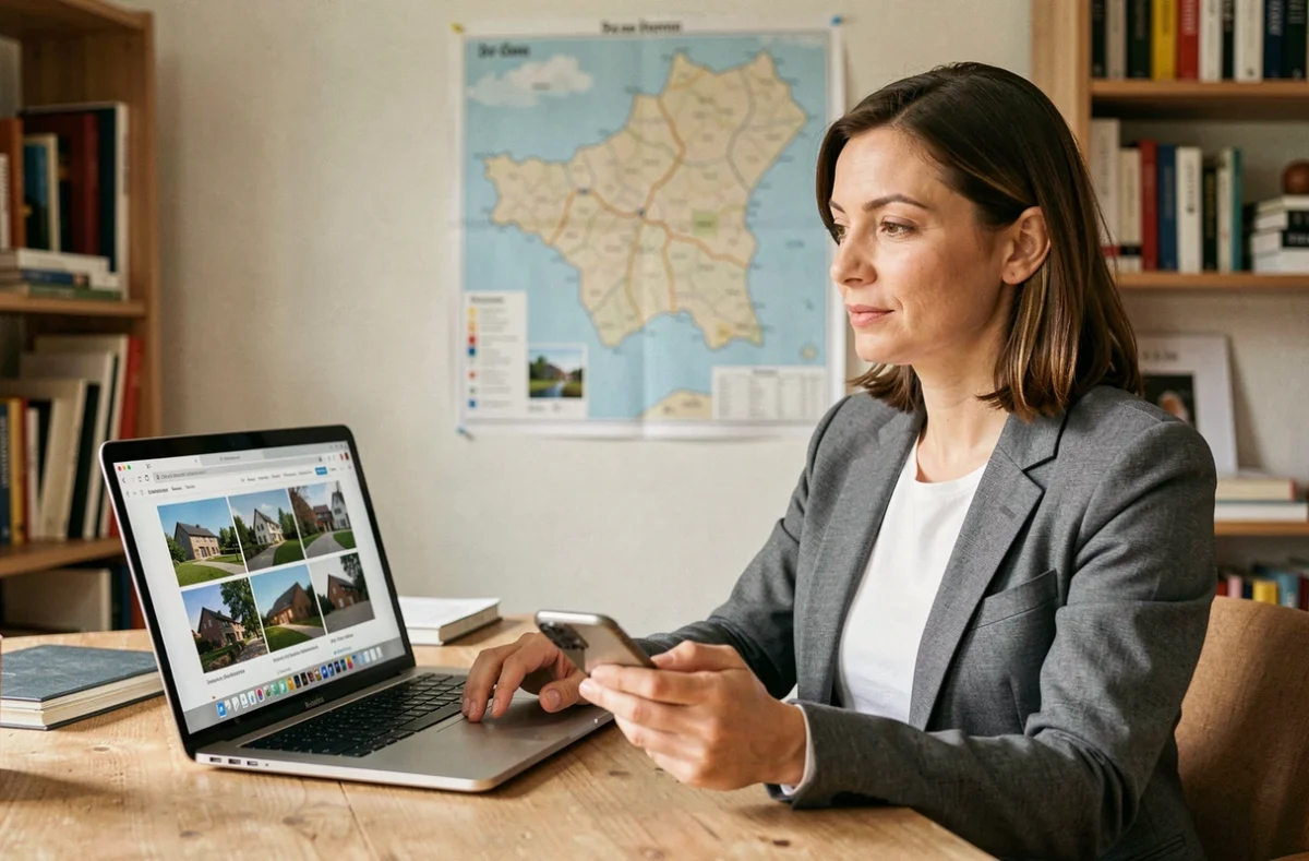 Agente indépendante des Agences Privées travaillant depuis son bureau sur les biens immobiliers de la Drôme