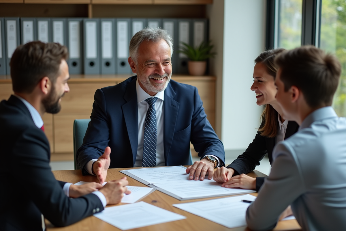 Agent immobilier souriant expliquant des documents à un couple