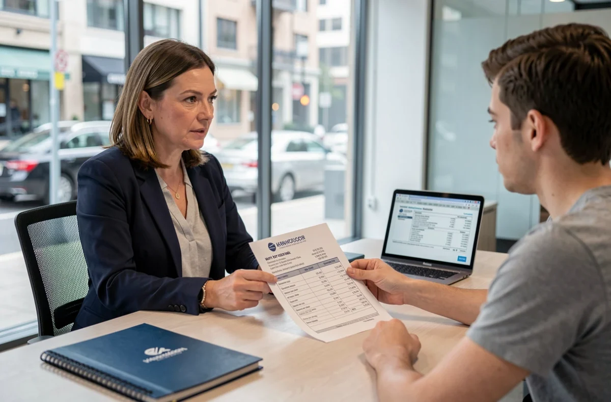 Agent immobilier explique les frais de notaire sur un terrain à bâtir à un client