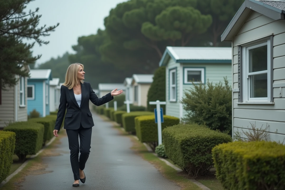 Agent immobilier inspectant des mobil homes à vendre dans une résidence de loisirs