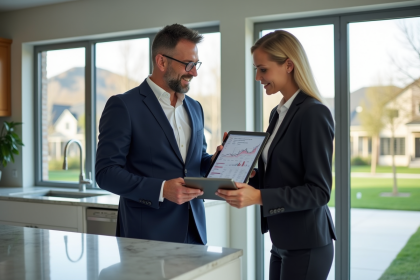 Agent immobilier en costume bleu avec investisseuse devant cuisine moderne