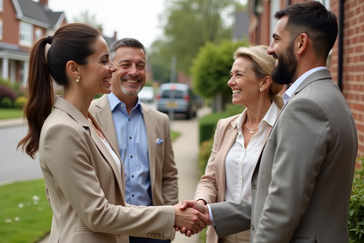 Agent immobilier souriante avec couple devant maison à vendre