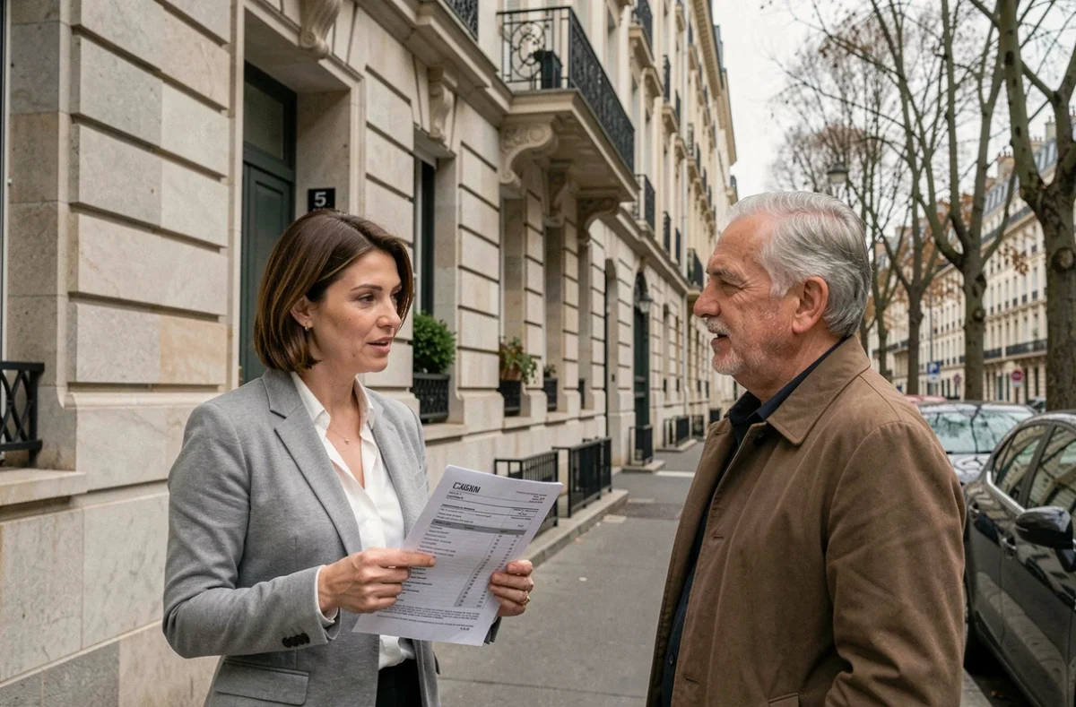 Agent immobilier expliquant les nouvelles taxes immobilières 2026 devant un immeuble parisien