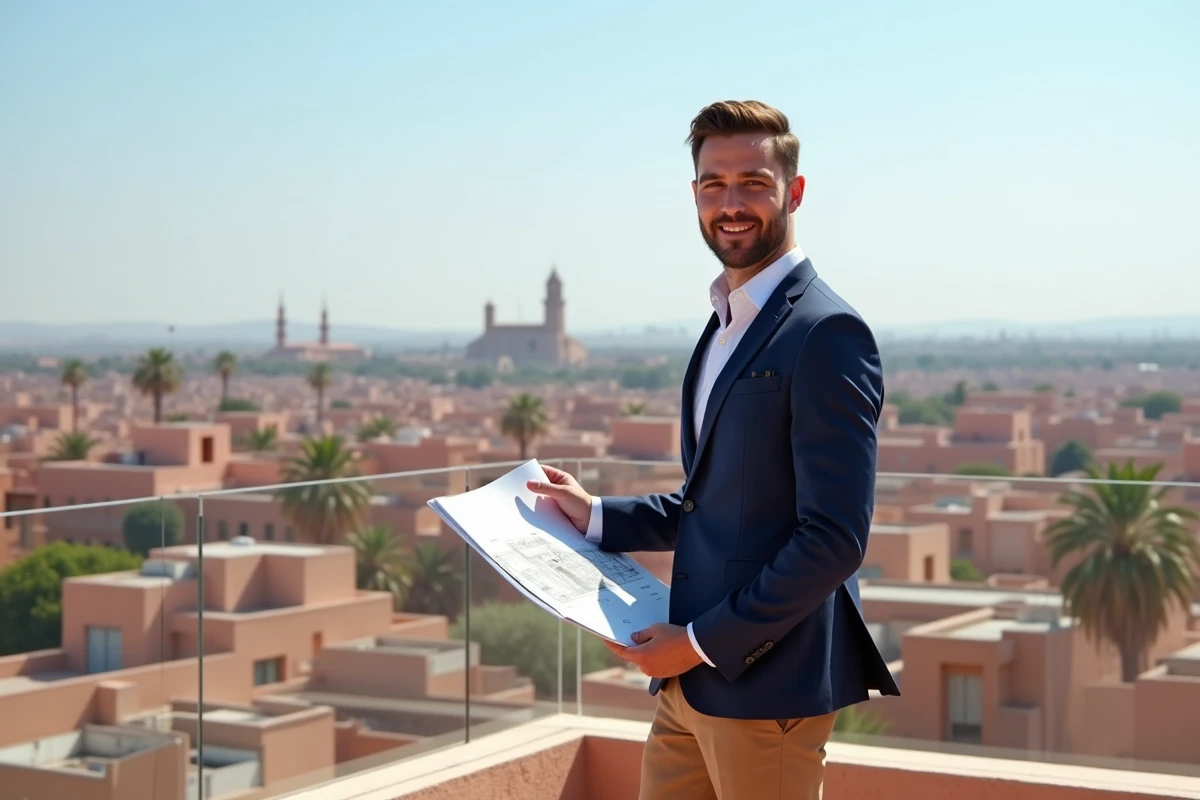 Agent immobilier présentant un programme neuf depuis une terrasse avec vue panoramique sur les toits roses de Marrakech