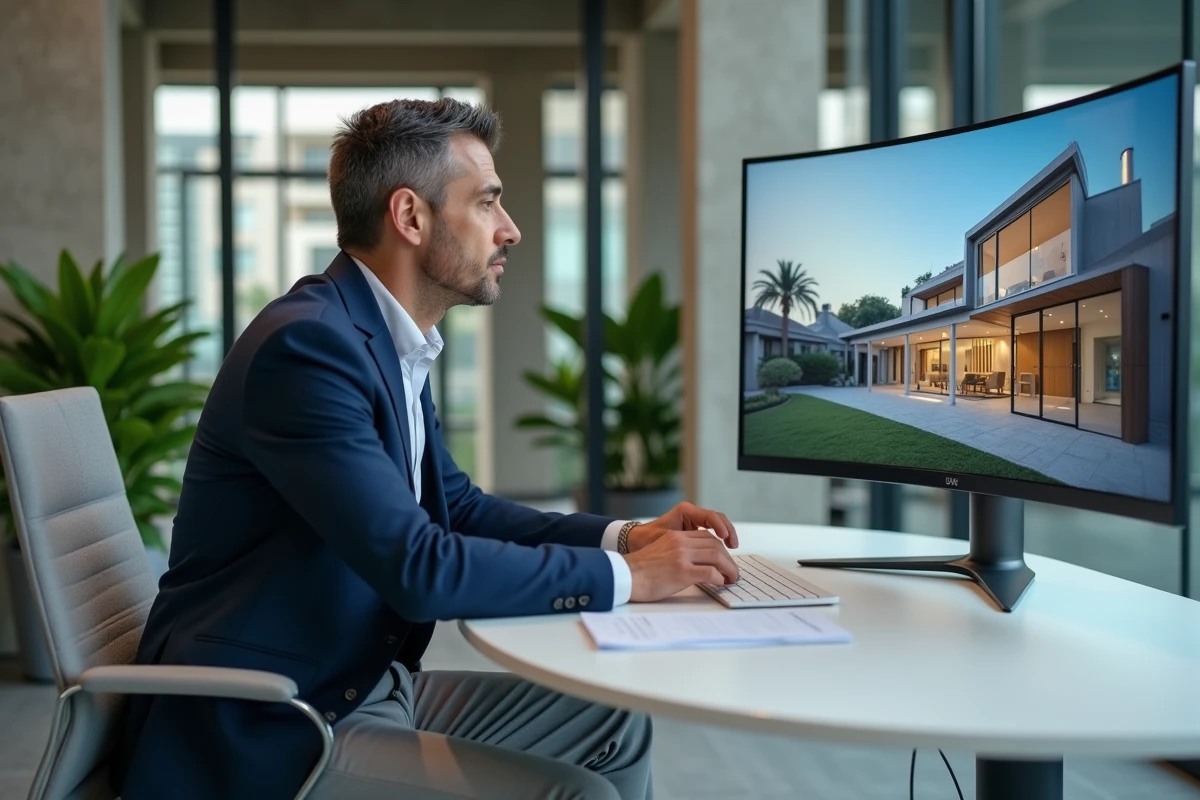 Agent immobilier visualisant une visite virtuelle 360 sur écran dans un bureau moderne, illustrant le home staging numérique
