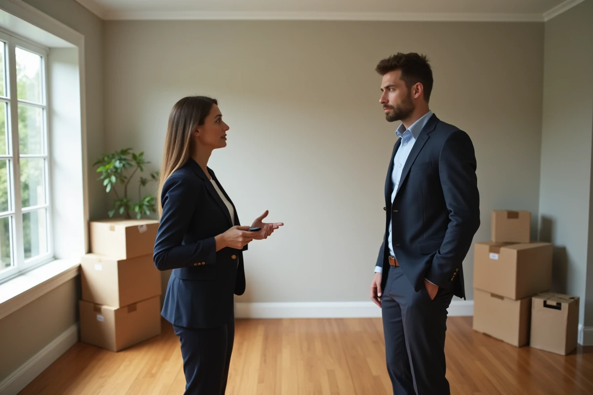 Agent immobilier montrant une maison à un client inquiet