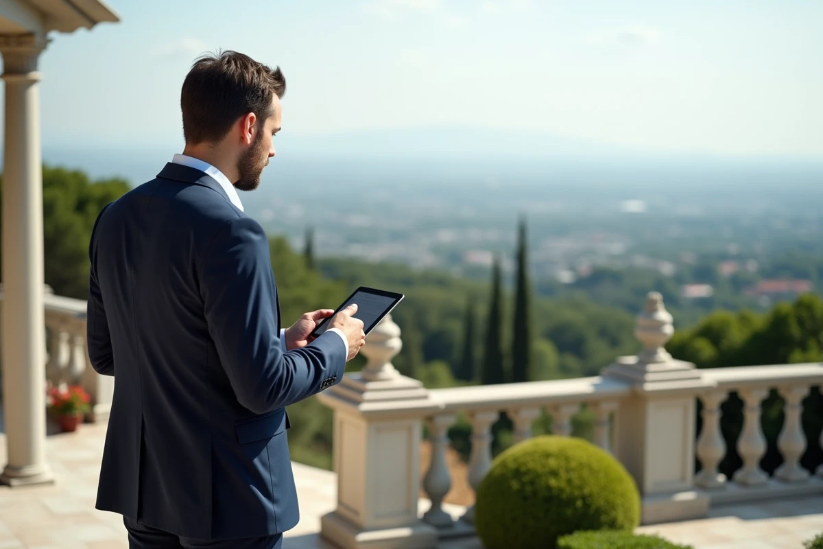 Agent immobilier regardant la vue depuis la terrasse