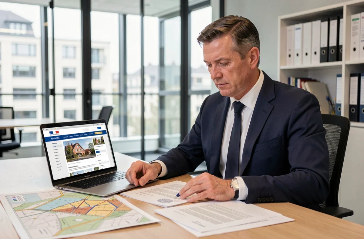 Agent immobilier analysant des cartes de zones tendues et documents réglementaires dans une agence immobilière moderne