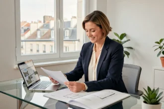 Agente immobilière professionnelle à Lyon analysant des documents d'investissement immobilier dans une agence moderne avec vue sur la ville