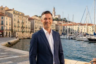 Agent immobilier marseillais devant le Vieux-Port avec vue sur la basilique Notre-Dame de la Garde