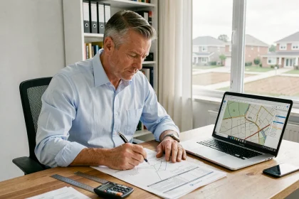 Homme analysant des annonces immobilières et des documents de terrain pour comparer le prix au mètre carré