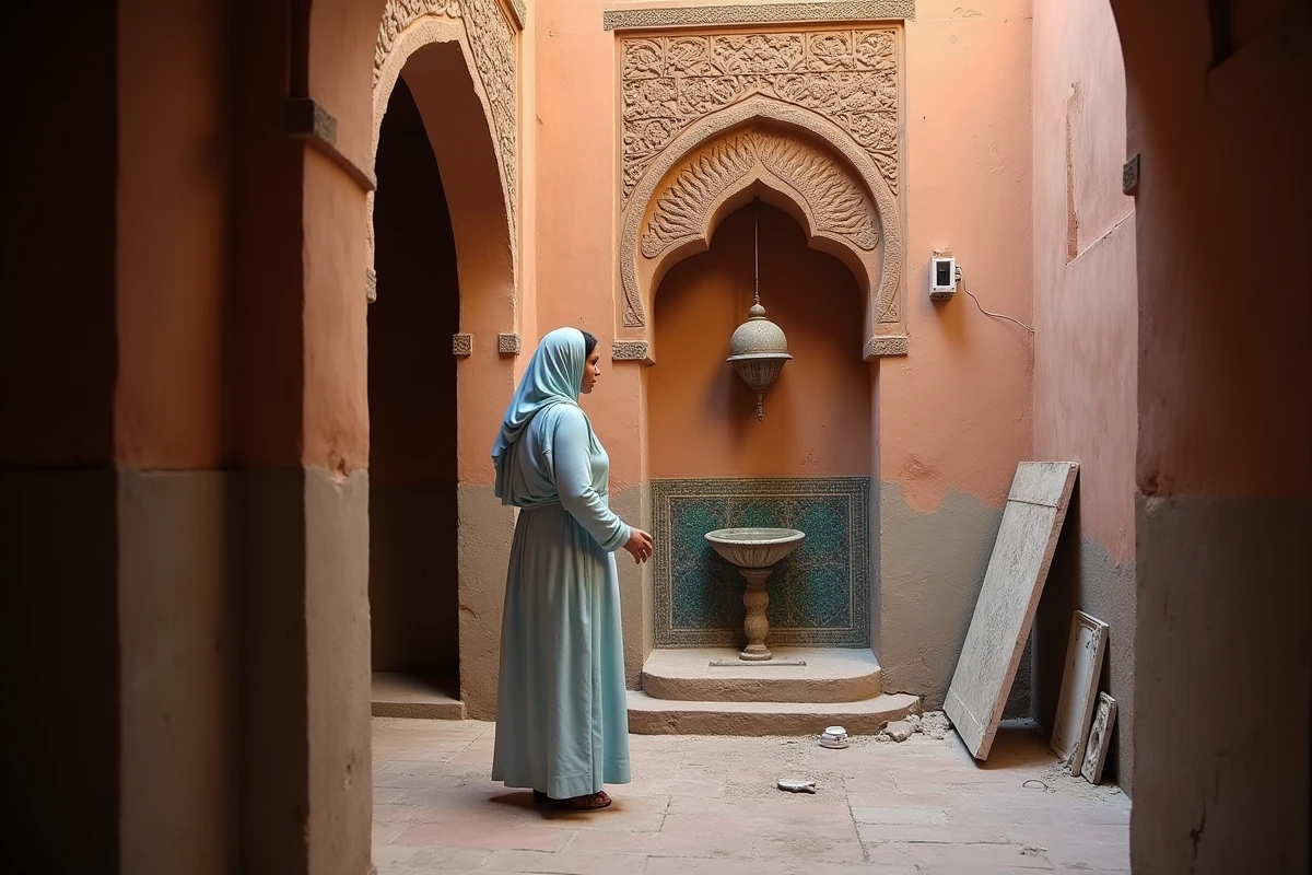 Femme inspectant la rénovation d'un appartement ancien de style riad dans la médina de Marrakech avec zellige et bois sculpté