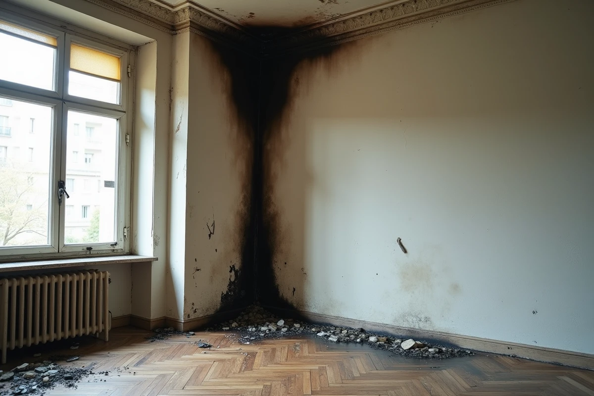 Appartement locatif vide avec dégâts d'incendie sur un mur électrique, illustrant un sinistre grave couvert par l'assurance PNO