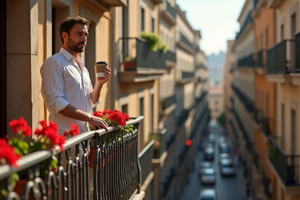 Homme profitant d'un café matinal sur le balcon d'un appartement de location dans le Quartier Gothique de Barcelone