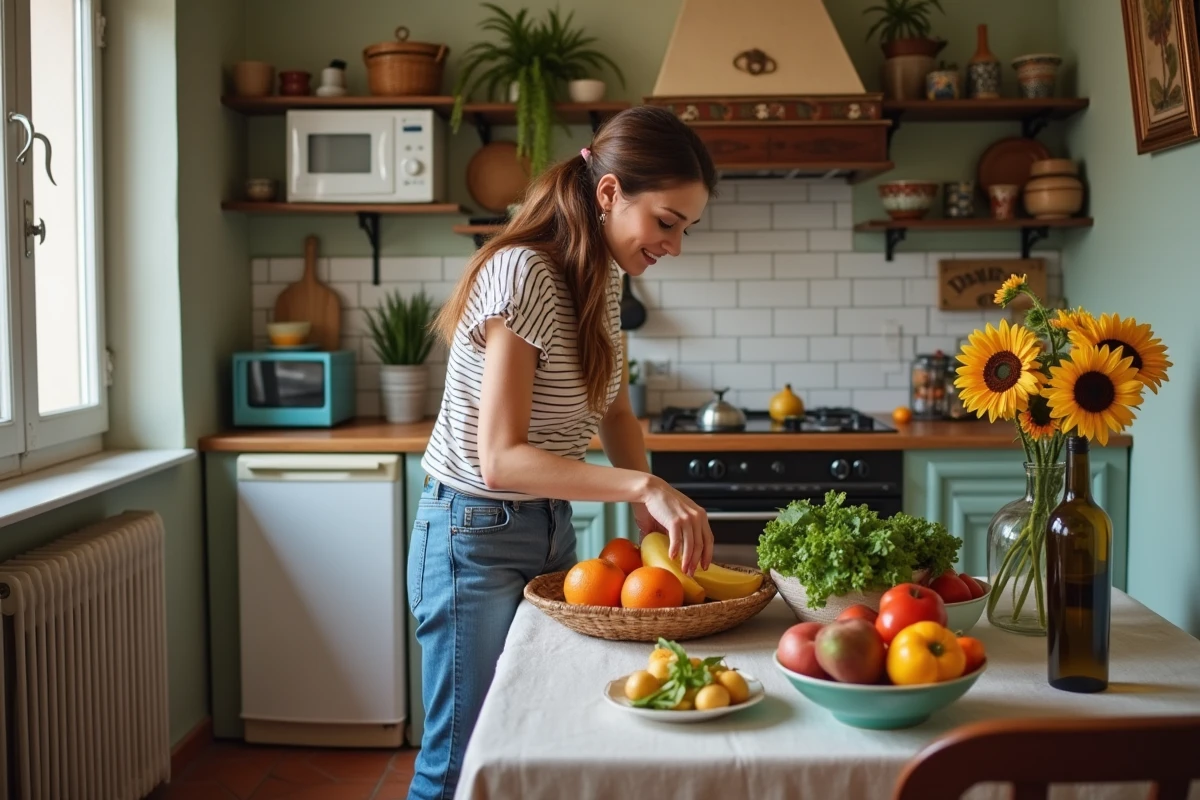 Femme préparant un repas dans une cuisine typique d'appartement de location à Barcelone avec carreaux terracotta