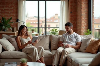 Couple se relaxant dans un appartement moderne à Barcelone avec vue sur la ville depuis de grandes fenêtres