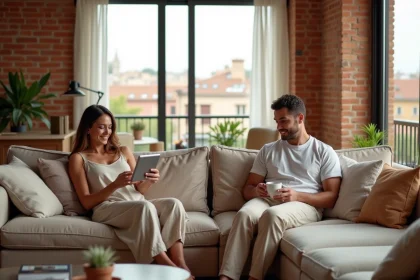 Couple se relaxant dans un appartement moderne à Barcelone avec vue sur la ville depuis de grandes fenêtres