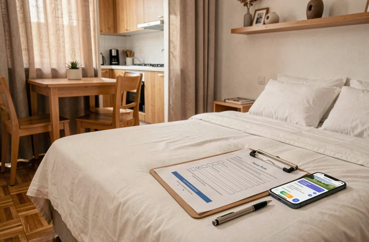 Intérieur d'un appartement meublé avec checklist de mise en conformité posée sur une table pour vérification réglementaire