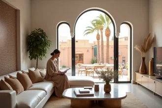 Intérieur d'un appartement moderne à Gueliz Marrakech avec carreaux de zellige et documents immobiliers