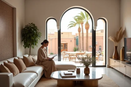 Intérieur d'un appartement moderne à Gueliz Marrakech avec carreaux de zellige et documents immobiliers