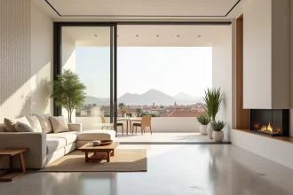 Intérieur d'un appartement neuf à Marrakech avec décoration contemporaine et touches marocaines, vue depuis le salon vers la terrasse