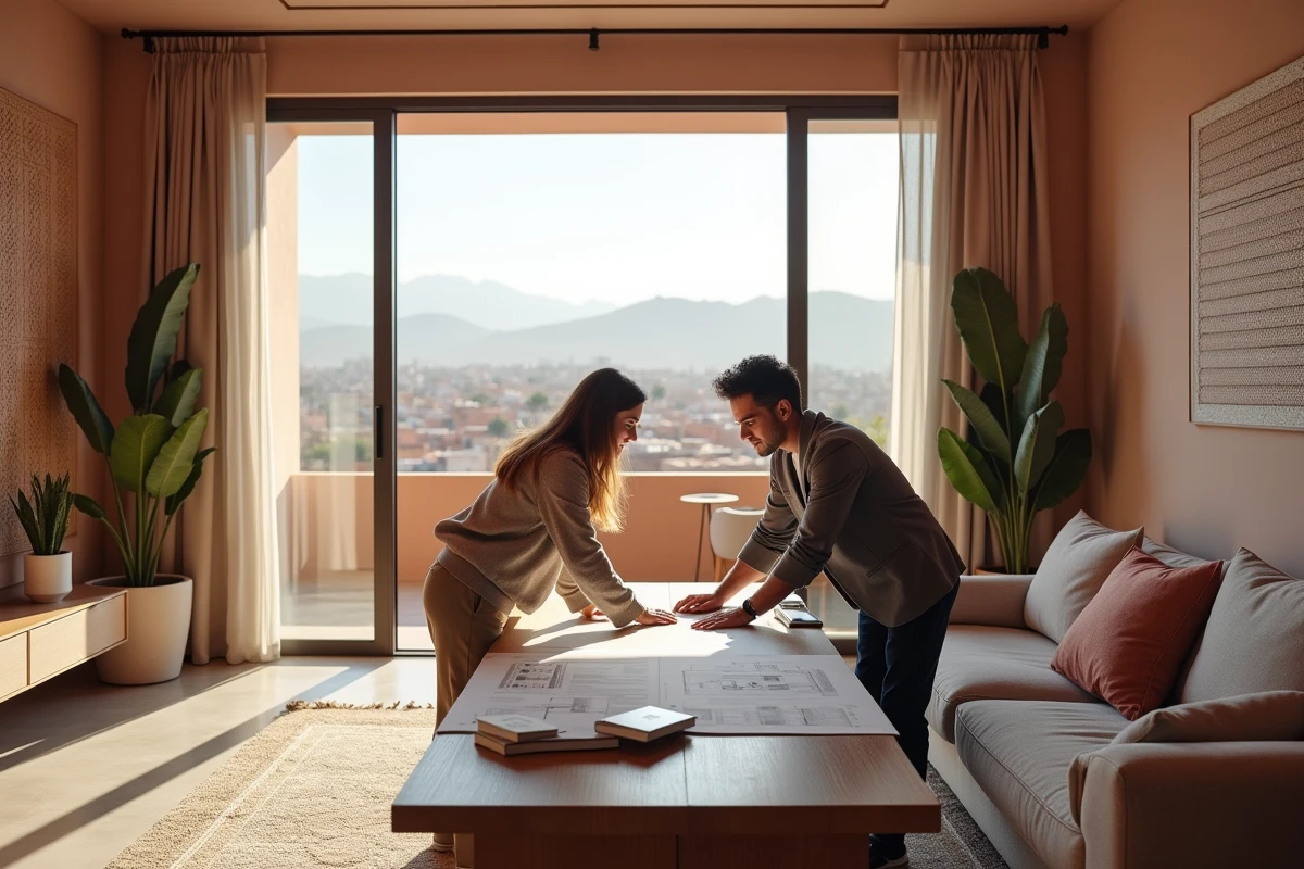 Salon moderne d'un appartement à vendre dans une résidence sécurisée de Guéliz Marrakech avec vue sur l'Atlas