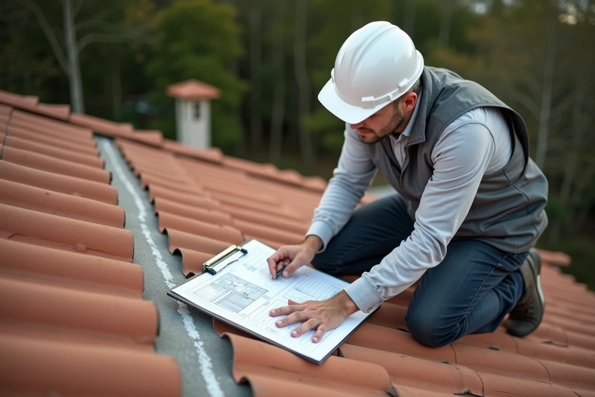 Architecte inspectant les plans d'une toiture mitoyenne sur un toit en tuiles terracotta
