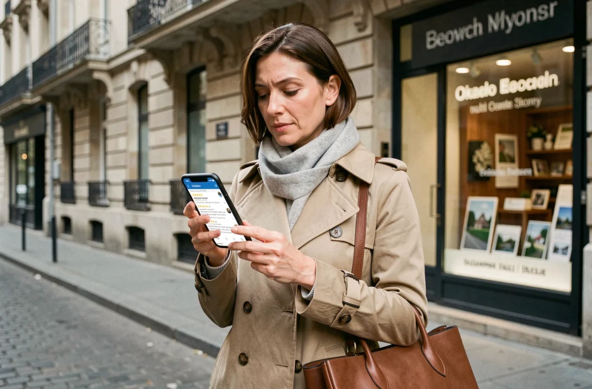 Femme consultant des avis clients sur une application immobilière devant une façade haussmannienne à Paris