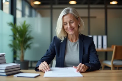 Femme consultant un avis favorable de commission d'attribution de logement dans un bureau administratif