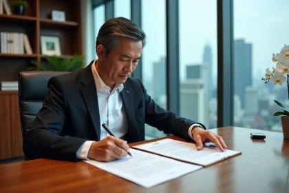 Avocat immobilier thaïlandais examinant des documents officiels de titre de propriété d'un condominium dans un bureau moderne à Bangkok