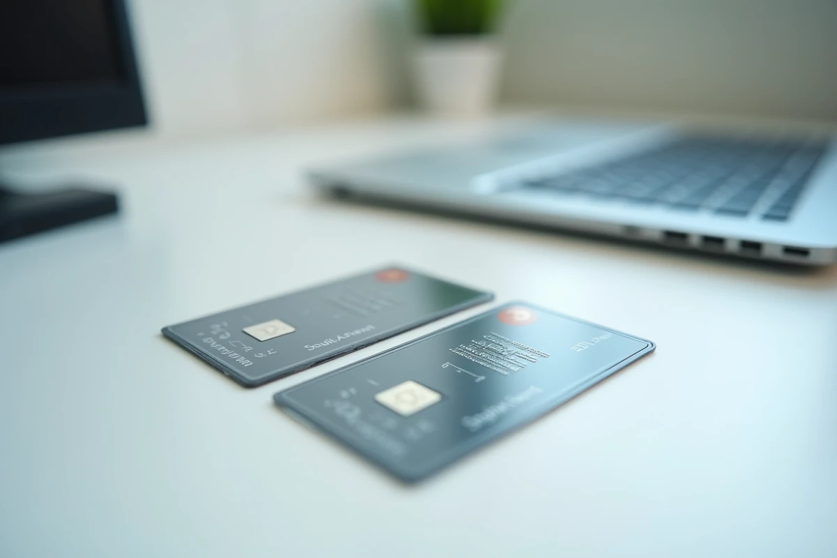 Comparaison de deux badges RFID anti-copie posés sur un bureau avec un lecteur USB, dans un contexte d'analyse de sécurité