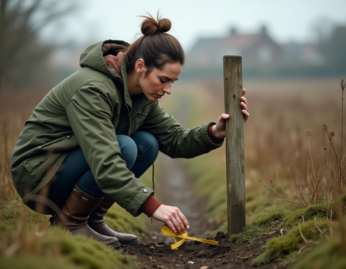 Femme mesurant les limites d'un terrain non constructible avec un ruban de mesure