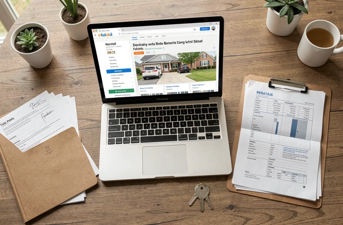 Bureau avec annonce de location, dossier de papiers et clé de maison