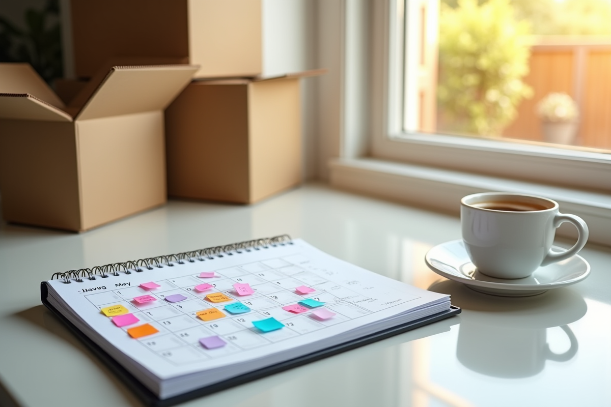 Calendrier de movee avec notes dans une cuisine lumineuse