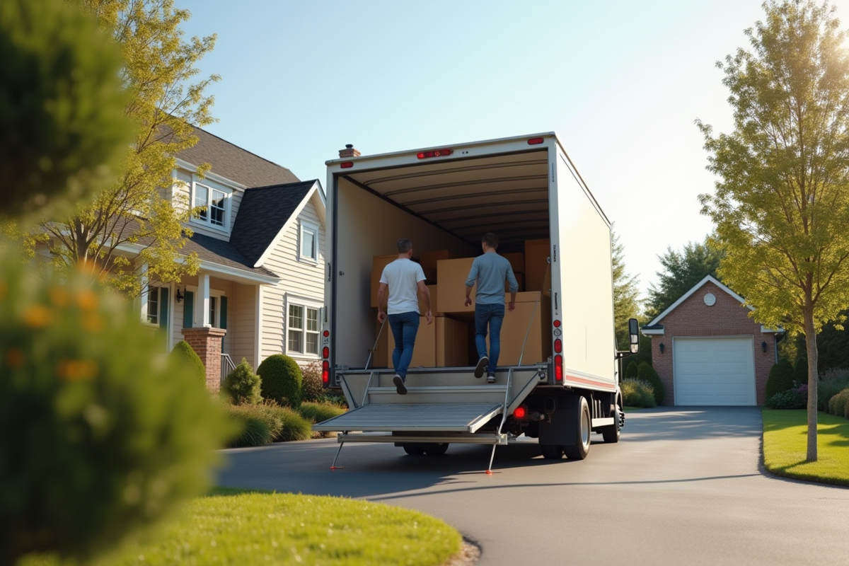 Camion de déménagement spacieux avec deux personnes chargant des cartons