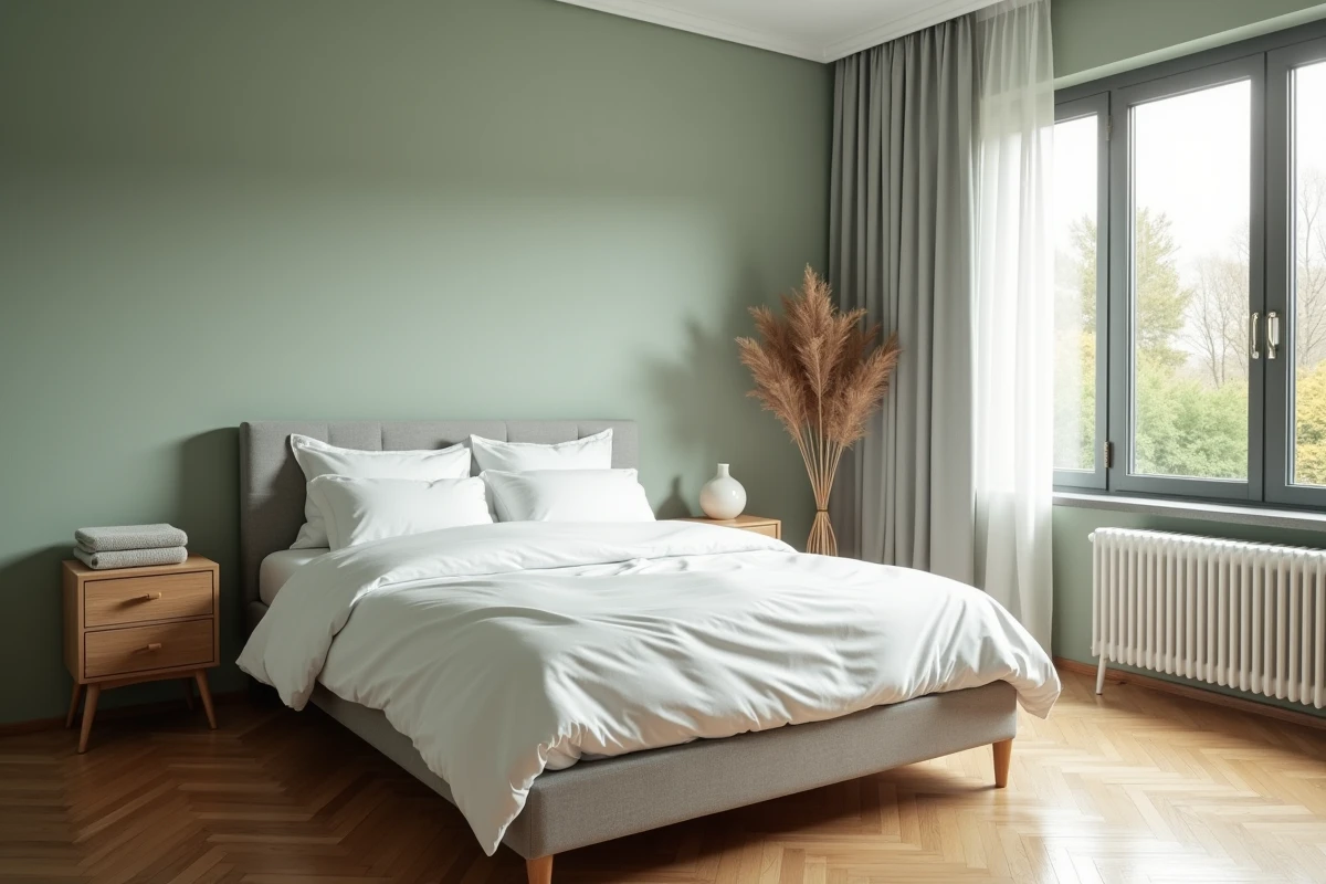 Chambre rénovée en home staging virtuel avec literie blanche et parquet en chevrons, idéale pour une annonce immobilière en ligne