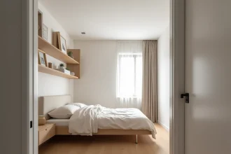 Petite chambre de moins de 9m2 optimisée pour la vente immobilière avec lit plateforme et rangements encastrés