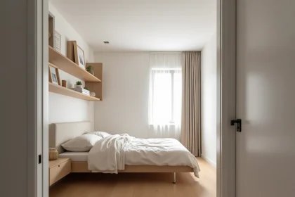 Petite chambre de moins de 9m2 optimisée pour la vente immobilière avec lit plateforme et rangements encastrés