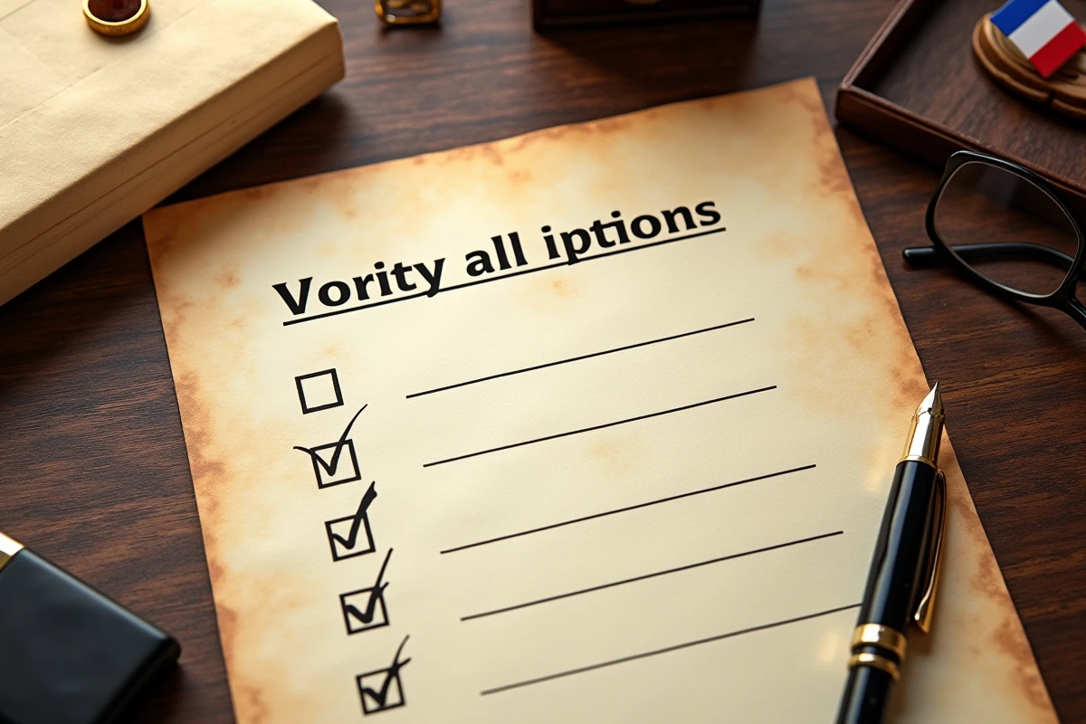 Check-list notariale vue de dessus avec stylo plume et documents officiels sur bureau en bois sombre