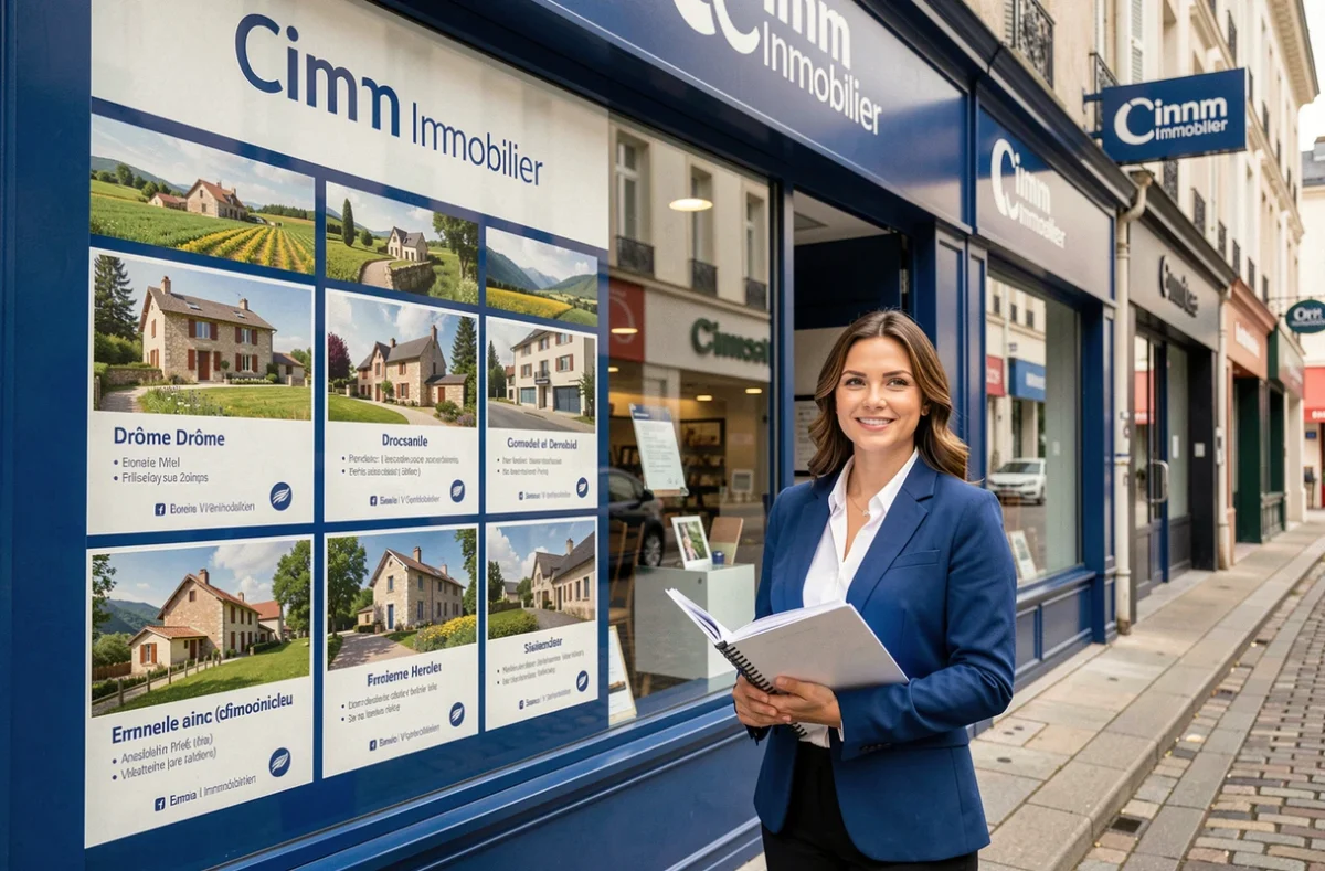 Agente de Cimm Immobilier devant la vitrine branded de l'agence dans une ville de la Drôme