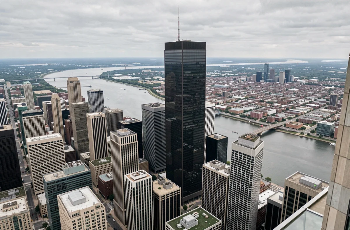 Vue aérienne du Citadel Center intégré dans la skyline de Chicago avec la rivière Chicago et le lac Michigan en arrière-plan