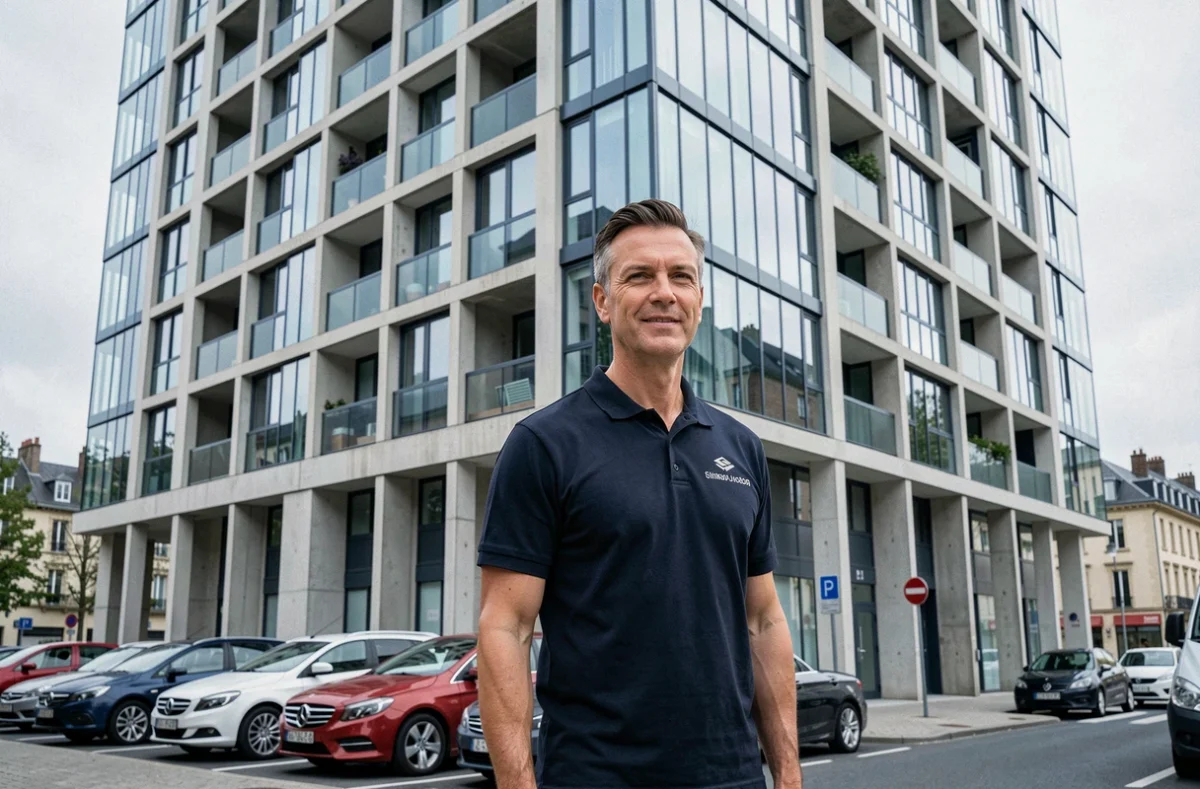 Gestionnaire Citya Immobilier devant un immeuble résidentiel moderne à Tours en Indre-et-Loire
