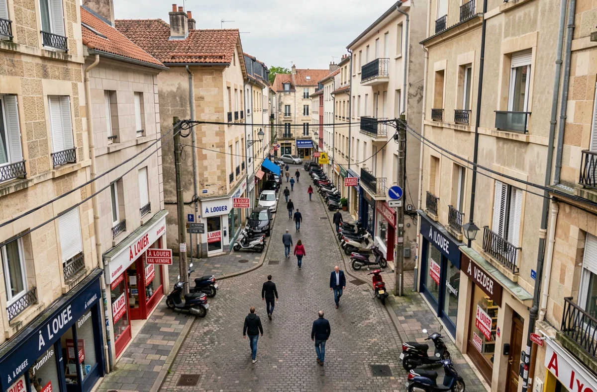 Vue de rue d'un centre-ville dense en zone tendue avec panneaux de location et immeubles résidentiels en France