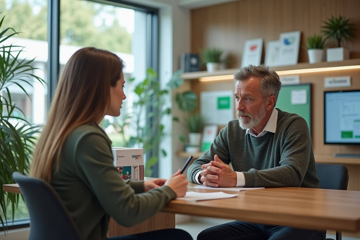 Homme et conseillère bancaire discutent à un bureau moderne
